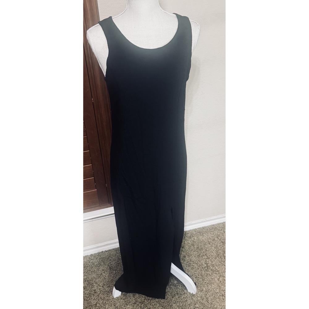 Eileen Fisher Black Rayon Crepe Sleeveless Maxi Dress Side Slit Size M USA Made